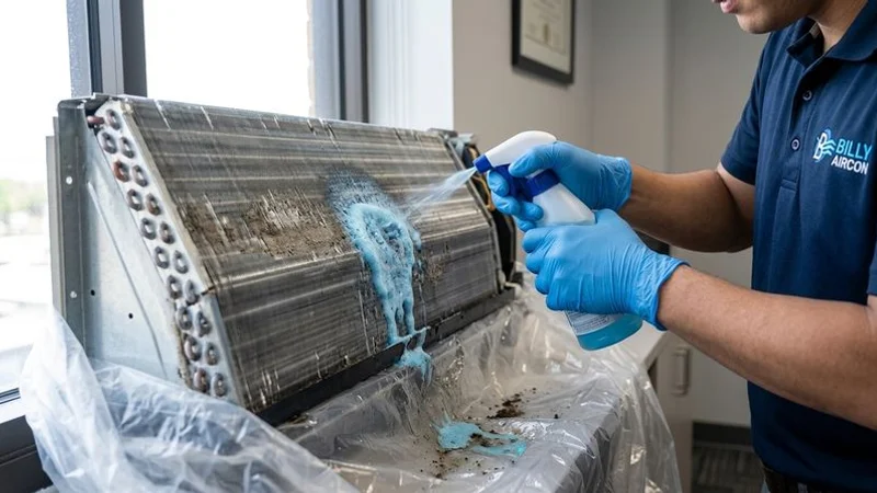 Billy Aircon technician cleaning evaporator coil with chemical solution in Singapore HDB flat
